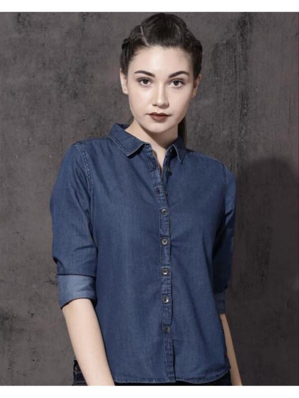 Solid Three-Quarter Sleeve Denim Shirt