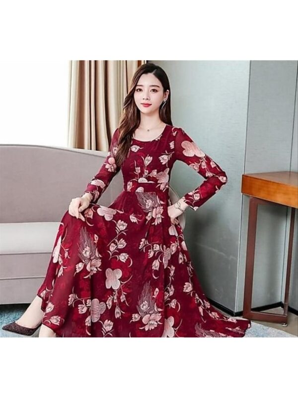 Big Flower Design Full Sleeve Long Dress