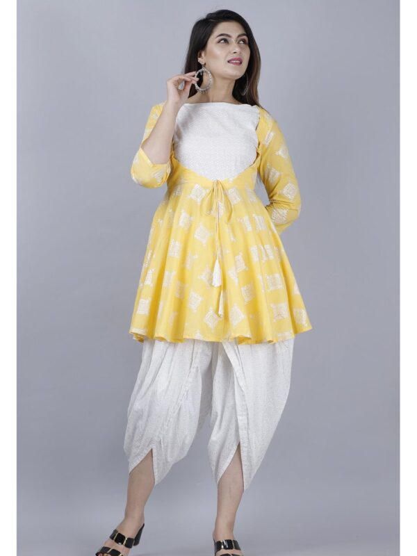 Yellow Printed Anarkali Kurta with Dhoti Pants