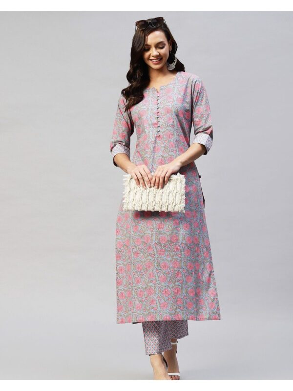 Women's Cotton Blend Straight Grey Printed Kurta with Trouser