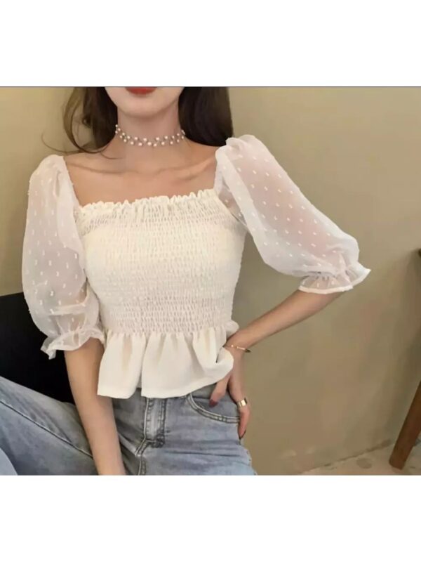 White Puffed Sleeves Crepe Women Peplum Solid Crop Top