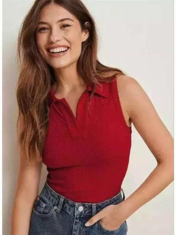 Solid Stretchable Women Sleeveless Polo Collar Tank Top