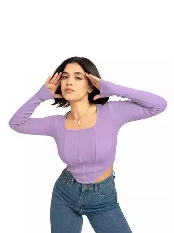 Lavender Three line Square Neck Solid Full Sleeve Ribbed Women Corset Crop Top