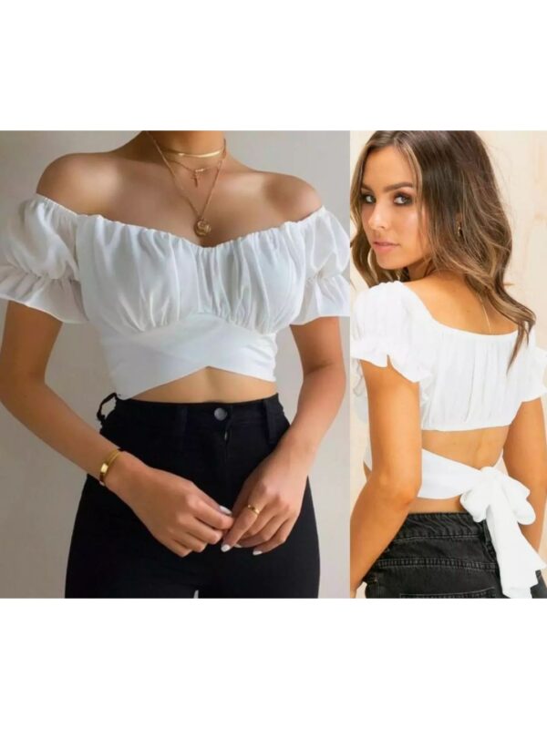 Short Ruffle Sleeves White Off Shoulder Open Back Delicate Tie Knot Women Crop Top