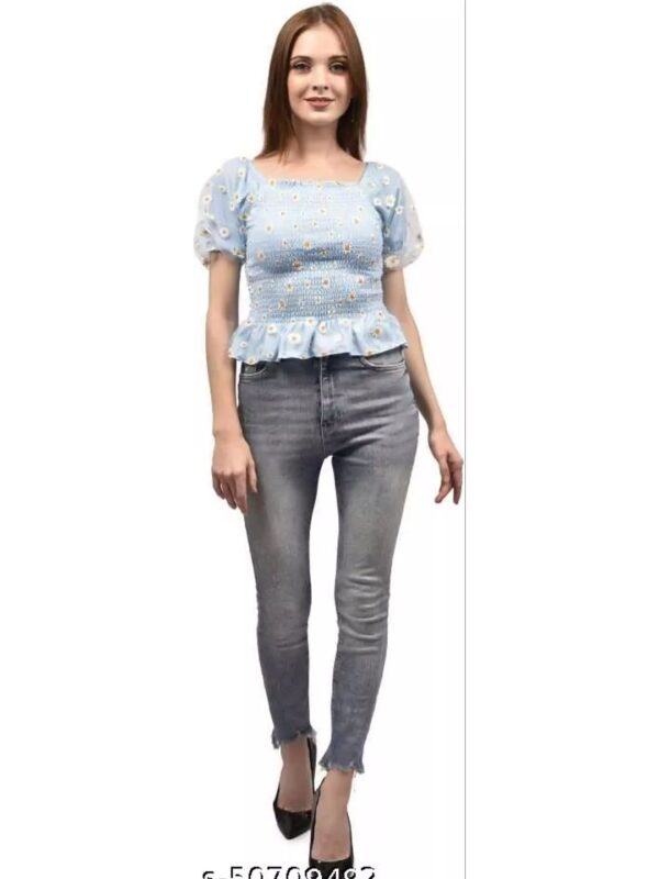 Sky Blue Puffed Sleeve Regular Fit Frill Peplum Top for Women