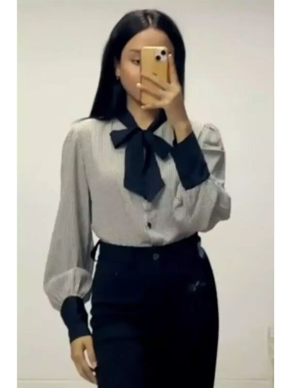 Black & Grey Bow Neck Korean Style Georgette Shirt Top