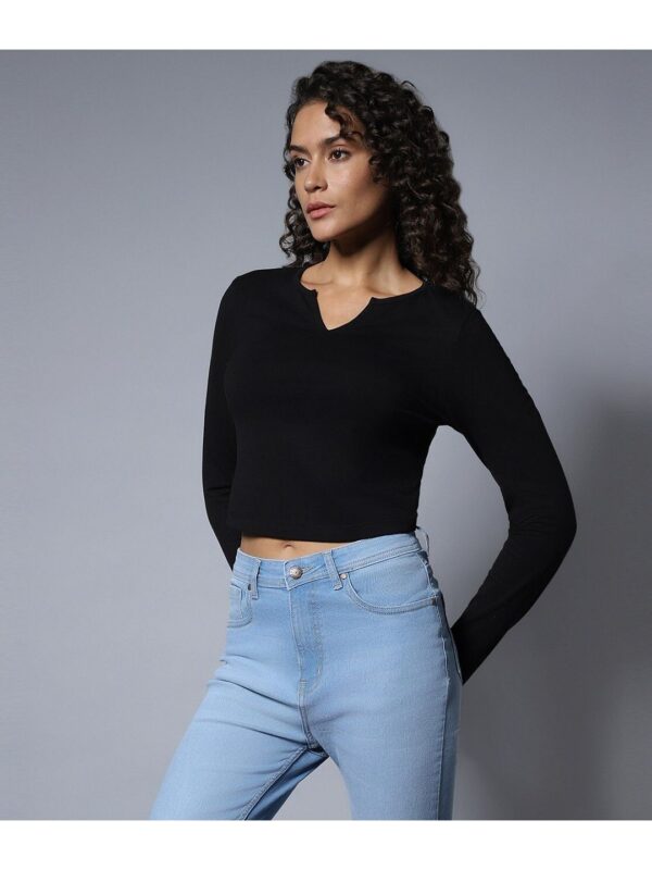 Black Ribbed Bodycon Long Sleeves Solid Women Crop Top