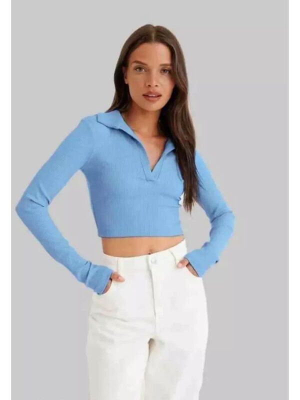 Polo V-Neck Long Sleeve Slim Fit Women Crop Top