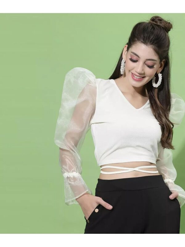 Lycra Net Puff Sleeve Crop Top for Women