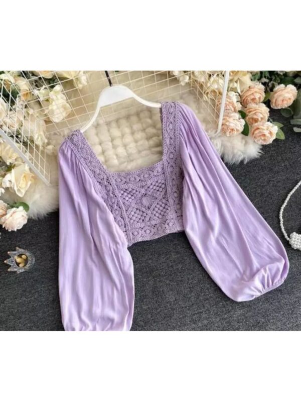 Embroidered Balloon Sleeve Knitted Crop Top for Women