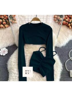 High Neck Double Layer Crop Top for Women - Dark Green, S