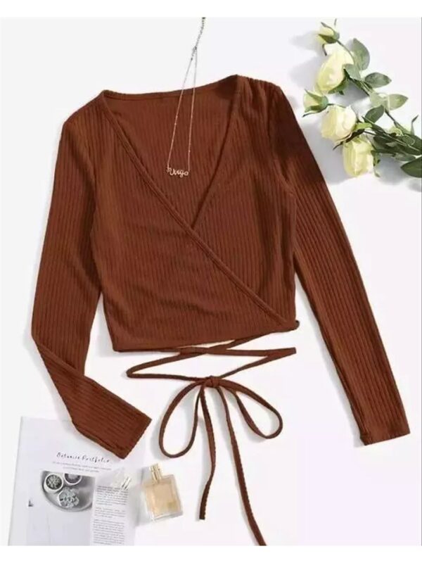 V-Neck Ribbed Front Cross Tie-Knot Crop Top for Women