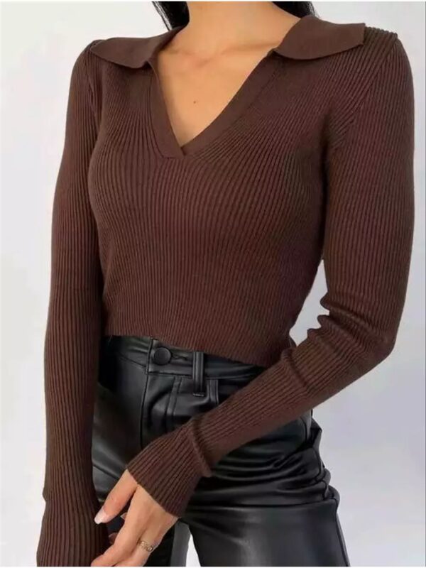 V-Neck Collar Long Sleeve Solid Top for Women