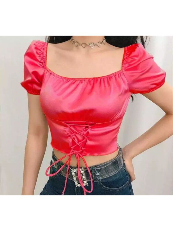 Satin Puffed Sleeve Front Tie-Knot Crop Top for Women