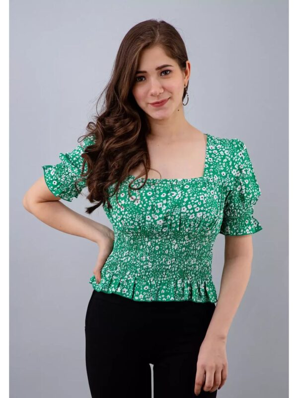 Floral Square Neck Puffed Sleeve Smocked Top for Women