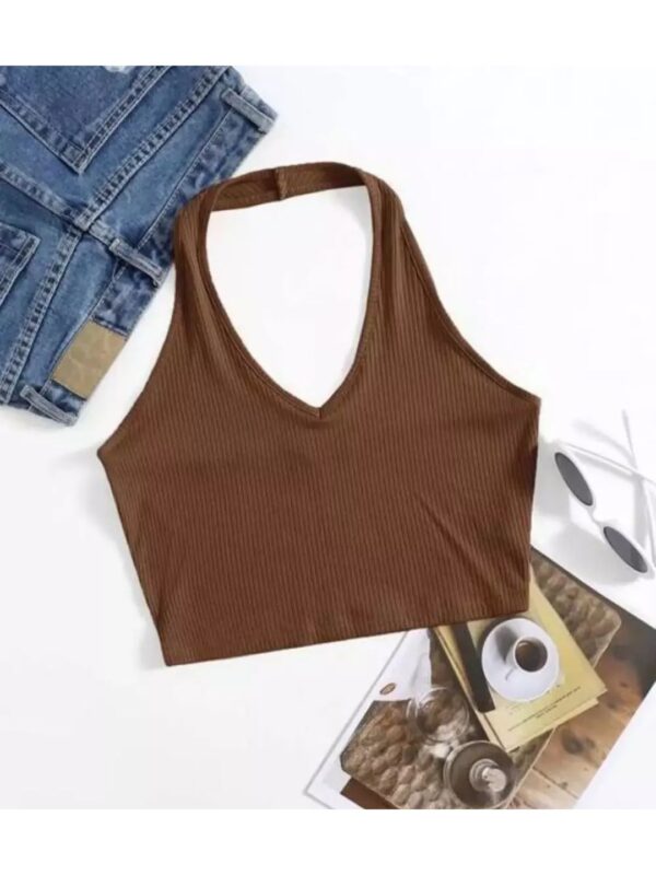 Ribbed Halter Neck Solid Crop Top for Women