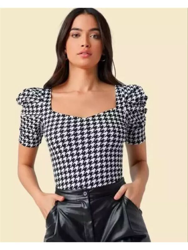 Sweetheart Neck Puffed Sleeve Geometric Design Top for Women