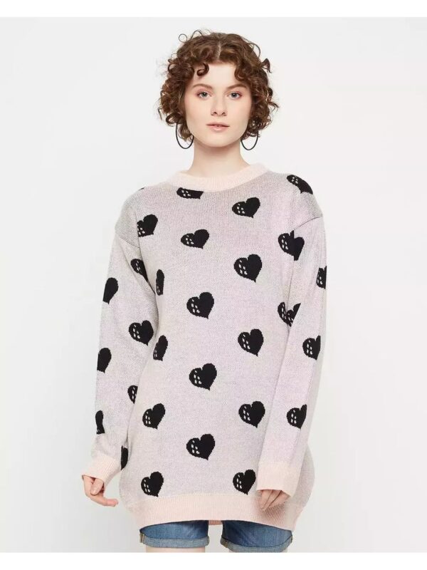 Oversized Round Neck Heart Printed Sweater for Women