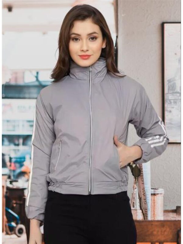 High Neck Striped Design Bomber Jacket for Women