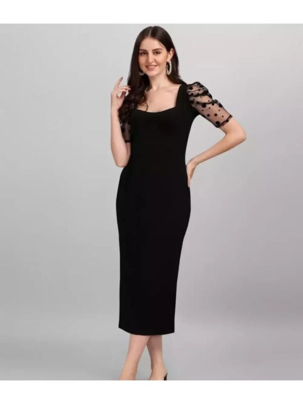 Solid Sheer Puff Sleeve Midi Sheath Dress for Women