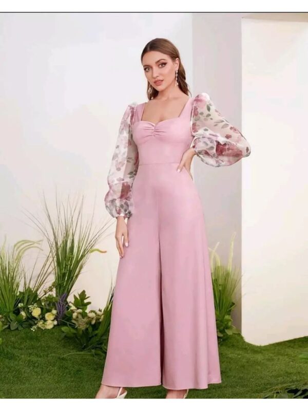 Solid Floral Puff Sleeve Sweetheart Neck Jumpsuit for Women