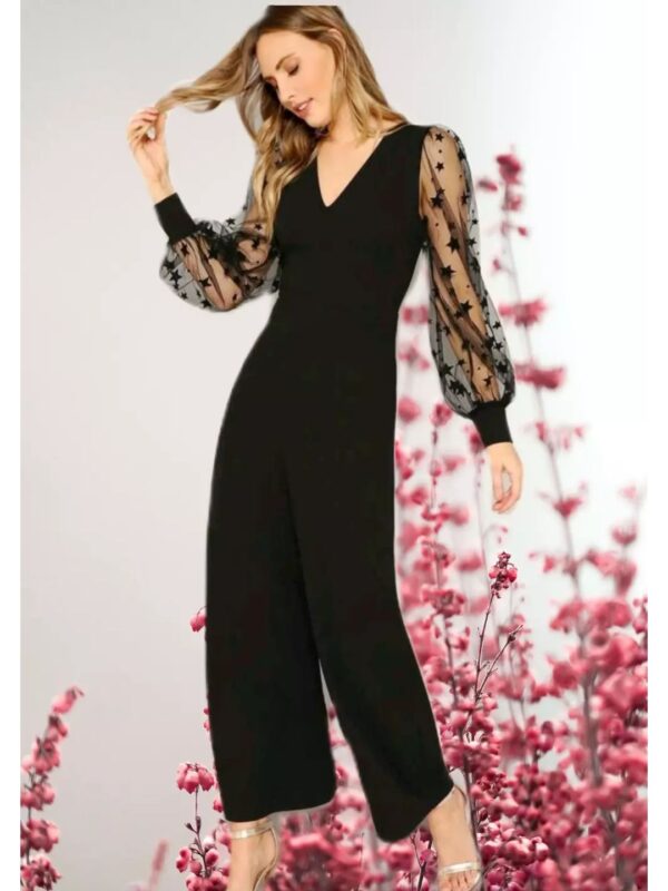 Solid Sheer Puff Sleeve V-neck Jumpsuit for Women