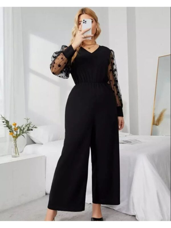 Solid Sheer Puff Sleeve V-neck Jumpsuit for Women