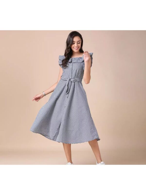 Checked Tie-Knot Front A-Line Ruffle Dress for Women