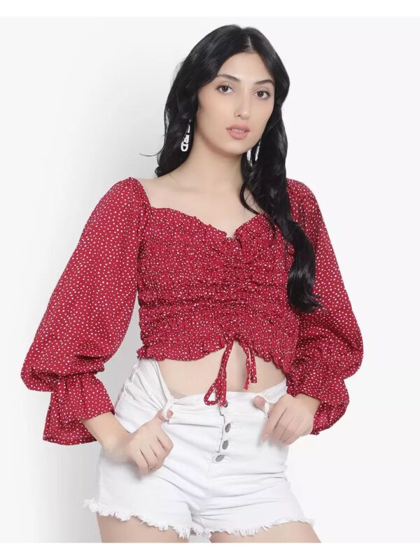 Printed Sweetheart Neck Puff Sleeve Tie-up Crop Top for Women