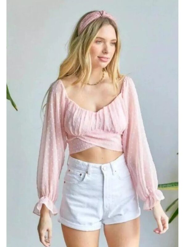 Solid V-neck Puff Sleeve Frill Crop Top for Women