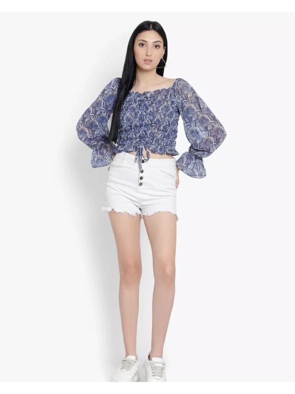 Printed Square Neck Puff Sleeve Tie-up Crop Top for Women