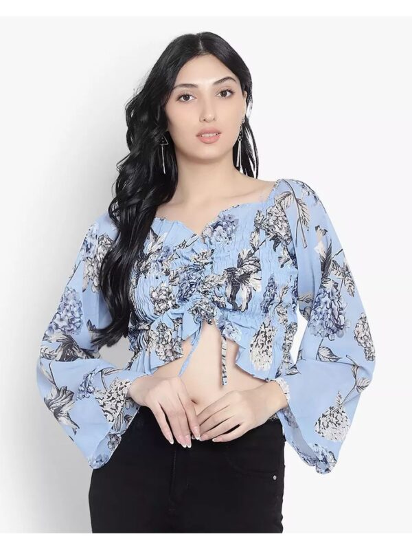 Printed Sweetheart Neck Puff Sleeve Tie-up Crop Top for Women