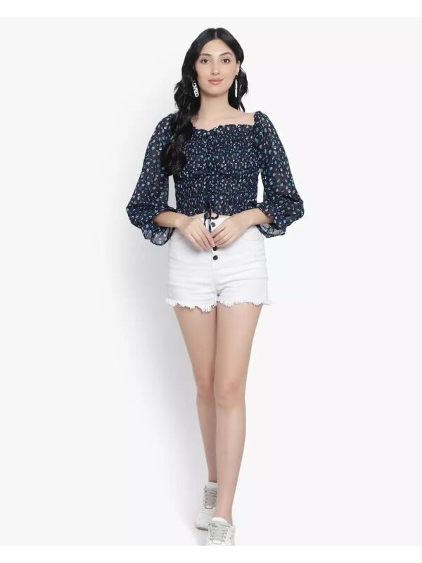 Printed Off-Shoulder Puff Sleeve Tie-up Crop Top for Women