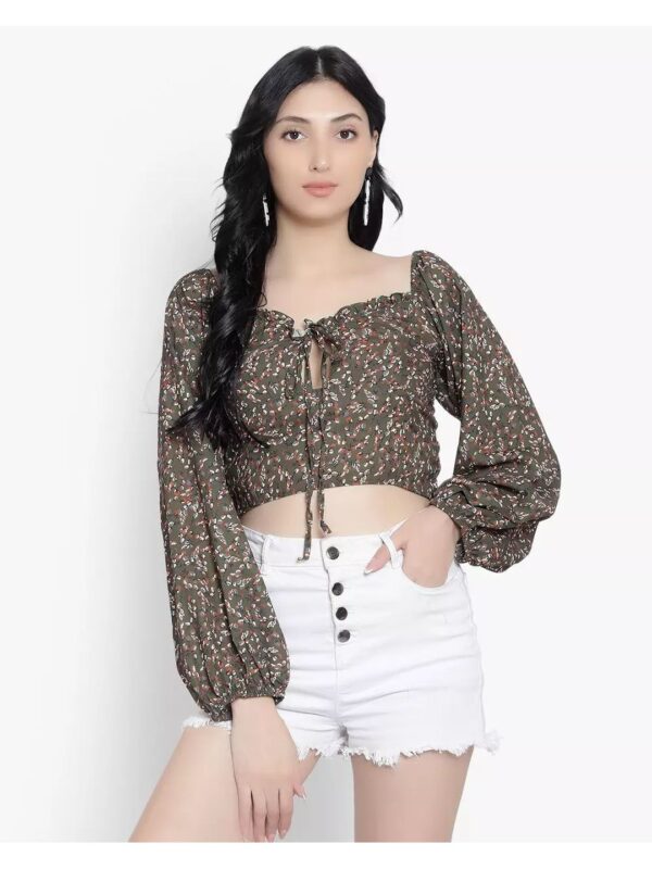 Printed Sweetheart Neck Puff Sleeve Tie-up Crop Top for Women
