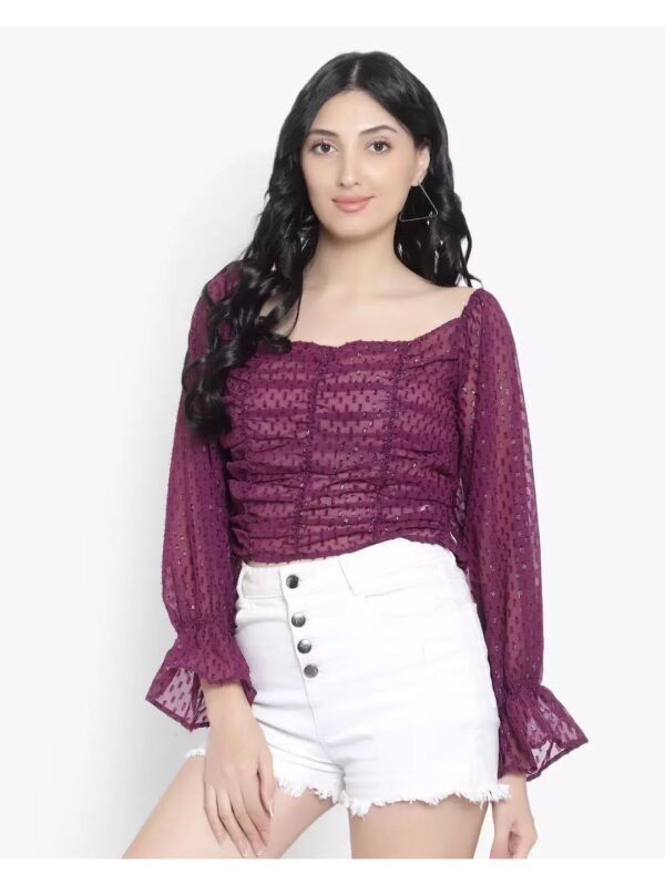 Solid Puff Sleeve Sheer Crop Top for Women