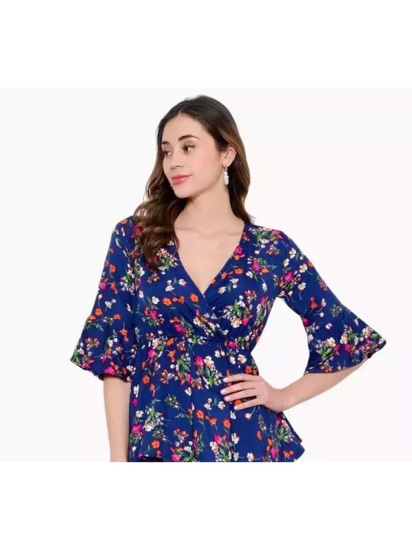 Solid Flare Sleeve Floral Peplum Top for Women