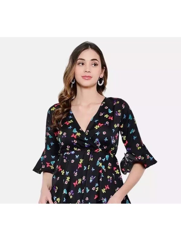 Solid Flare Sleeve Floral Peplum Top for Women