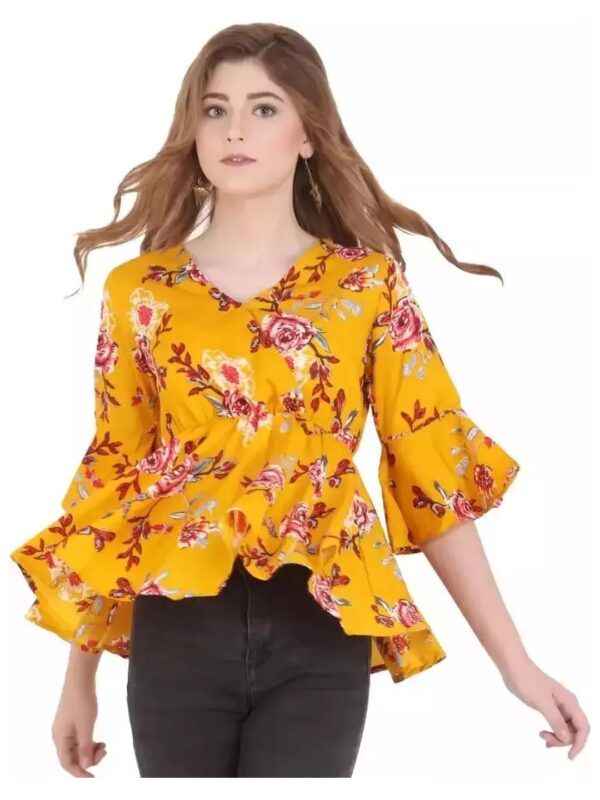 Solid Flare Sleeve Floral Peplum Top for Women