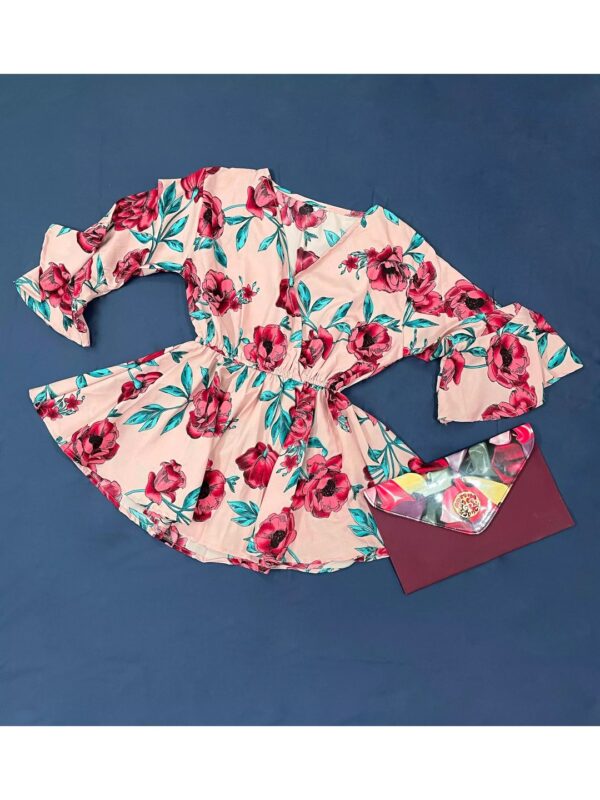 Solid Flare Sleeve Floral Peplum Top for Women