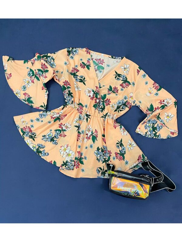 Solid Flare Sleeve Floral Peplum Top for Women