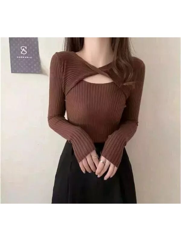 Twisted Knot Front Cut-out Ribbed Bodycon Top for Women