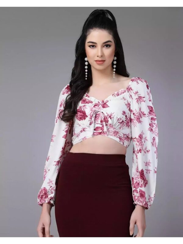 Floral Puff Sleeve Tie-Up Crop Top for Women