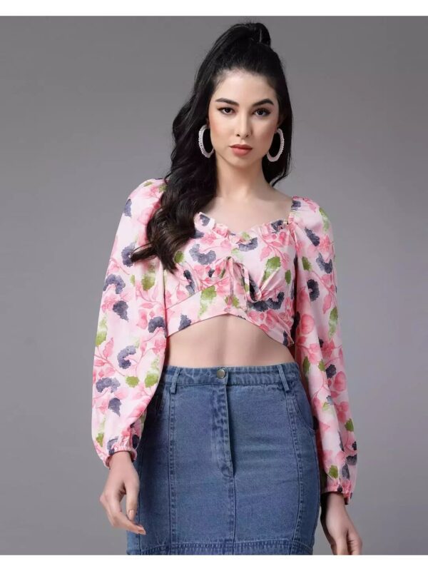 Floral Puff Sleeve Tie-Up Crop Top for Women