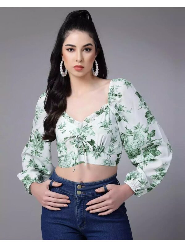 Floral Puff Sleeve Tie-Up Crop Top for Women