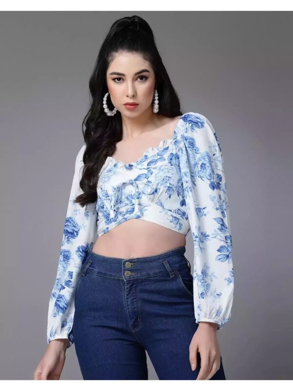 Floral Puff Sleeve Tie-Up Crop Top for Women
