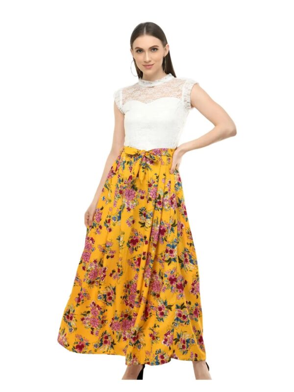 Yellow Floral Net Maxi Dress for Women