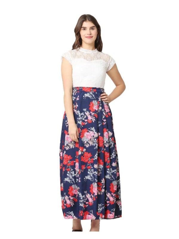 Navy Blue Floral Net Maxi Dress for Women