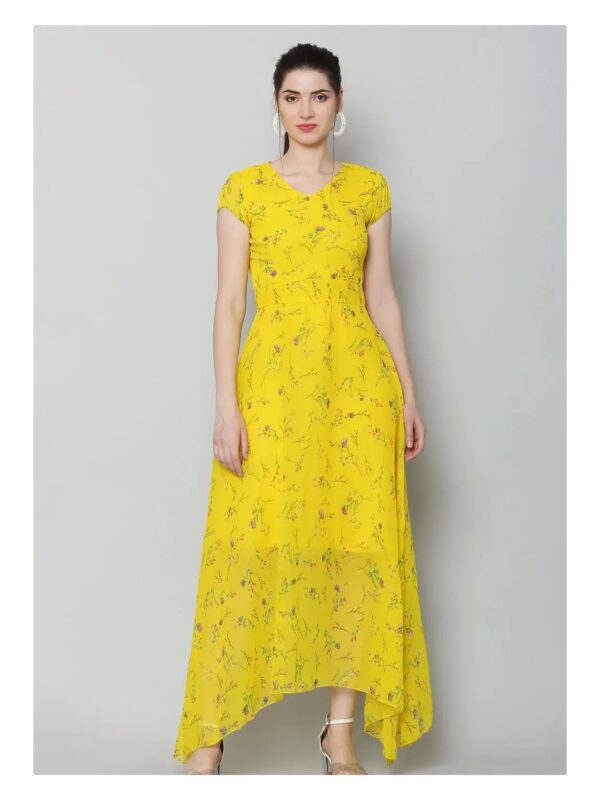 Yellow Floral Asymmetric Maxi Dress for Women