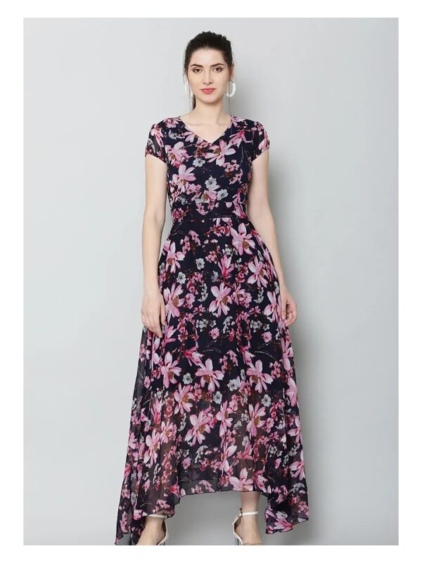 Black Floral Printed Asymmetric Maxi Dress for Women