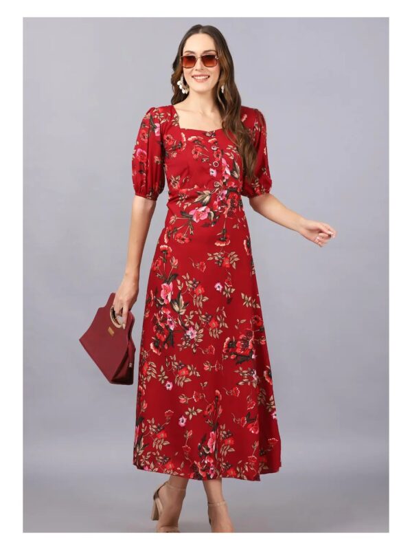 Red Floral Puff Sleeve Maxi Dress for Women